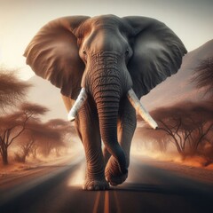 African bull elephant walks down African road
