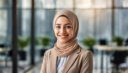 Professional woman in a hijab standing confidently, blurred empty modern office as background, cityscape visible through the window.