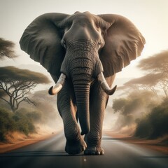 Fototapeta na wymiar African bull elephant walks down African road 