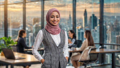Professional woman in a hijab standing confidently in a modern office with colleagues discussing in the background, cityscape visible through the window.