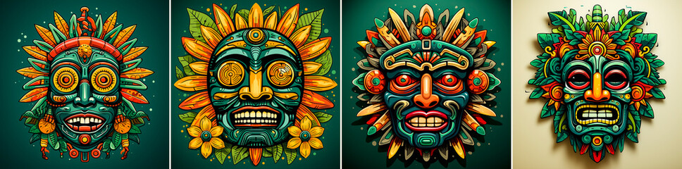 Unique and eye-catching design inspired by Aztec art. Cartoon head with a playful green flower in its mouth. Ideal for logos, products or branding with a quirky twist. - obrazy, fototapety, plakaty