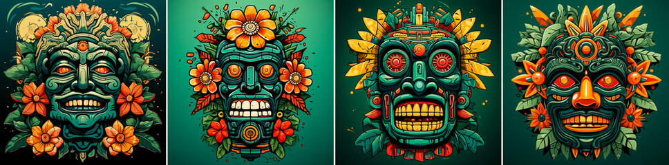 Unique and eye-catching design inspired by Aztec art. Cartoon head with a playful green flower in its mouth. Ideal for logos, products or branding with a quirky twist. - obrazy, fototapety, plakaty