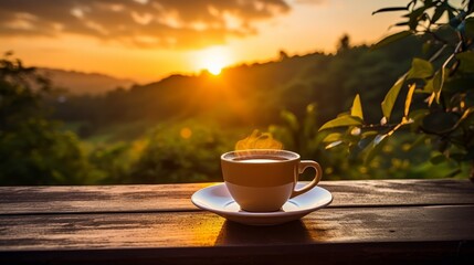 Fresh coffee cup outdoor in front of beautiful nature sunset