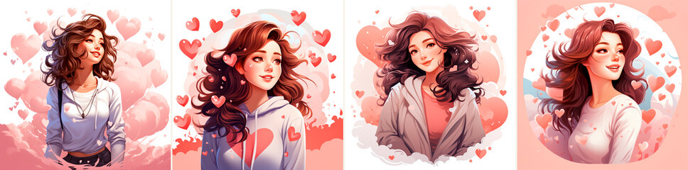 Clean and simple design in light white and light pink tones. Bright personality conveyed through lively facial expressions. Cartoon image of a woman kissing hands with hearts for a playful touch.