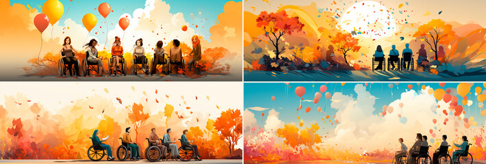 cartoon image of several people in wheelchairs, in the style of simple, colorful illustrations, romantic illustrations