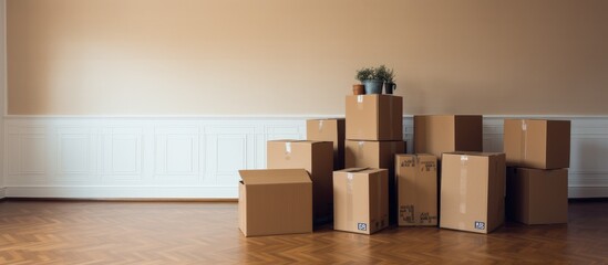 A pile of blank, unsigned moving boxes is stacked on top of a sleek hardwood floor in a spacious, unfurnished room. The cardboard boxes appear untouched in the new empty apartment,