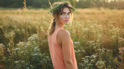 Young girl in a meadow wearing a wreath of wild flowers on her head. Pretty woman with green eyes. Natural beauty. Midsummer, summer solstice celebration. Scandinavian tradition.
