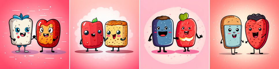 cartoon character couple holding toast and sausage, humor and heart style, rounded shapes, undefined anatomy, cute and colorful,