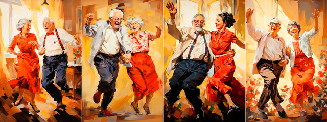 caricature of two people in a room, in the style of theatrical exuberance, energetic movements, dignified poses, grandparents