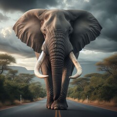 African bull elephant walks down African road
