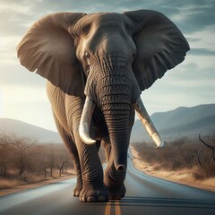 African bull elephant walks down African road
 - obrazy, fototapety, plakaty