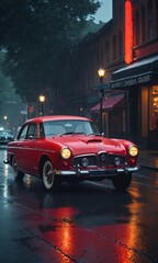 Vintage red car on a rainy street