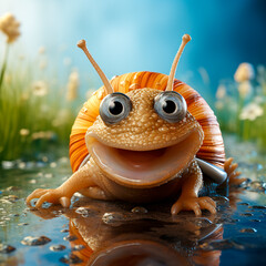 Unique cartoon character design with a happy snail and two legs. Delicate details in the illustration. Attention to detail. A bright facial expression that gives the character personality.