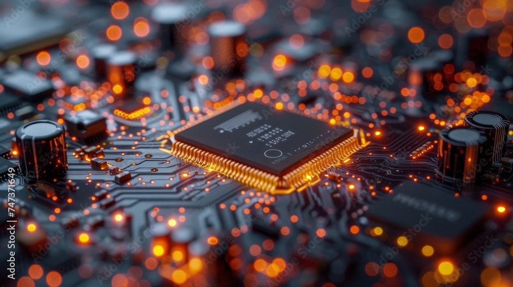 Poster macro shot of a microchip on a circuit board with glowing orange lights, symbolizing advanced electr