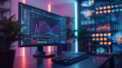 An at-home trading setup with a modern computer displaying live stock graphs and market data in a neon-lit room.