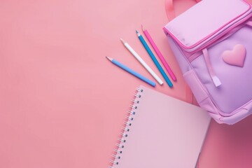 School backpack, notebooks and pencils on a pink background with copy space. Back to school concept