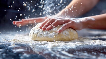The bakers flour-dusted fingertips shape the dough with precision and care. - obrazy, fototapety, plakaty