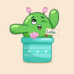 Vector illustration of a cute cactus that wakes up and stretches, character, for sticker, for kids, printable