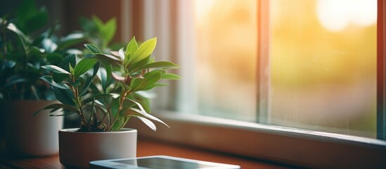 A modern cell phone rests next to a vibrant green potted plant on a wooden table, creating a simple yet functional scene in a room with sunlight filtering through a window.