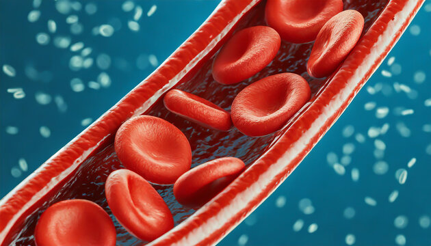 Close-up of red blood cells flowing in a blood vessel. Research concept.