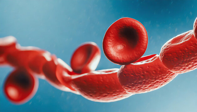 Close-up of red blood cells flowing in a blood vessel. Research concept. - Powered by Adobe