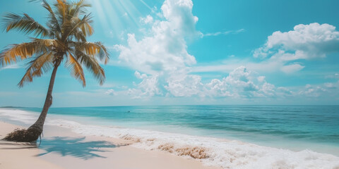 Fototapeta na wymiar Tropical beach sand and Caribbean sea tree and white sand in sunlight.