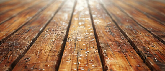 Macro image revealing water droplets on a polished wooden surface reflecting light - obrazy, fototapety, plakaty
