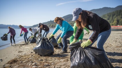 Volunteers work together to clean up a beach, conveying teamwork and environmental responsibility, suitable for themes like Earth Day.