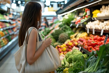 A woman with a canvas bag peruses the vegetable selection at a brightly-lit grocery store, symbolizing healthy lifestyle and eco-friendly shopping.