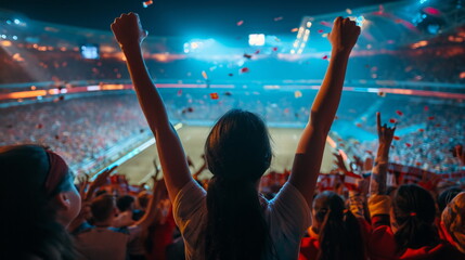 Football Fans cheer passionately at a soccer game, their silhouettes against a vibrant stadium backdrop, filled with excitement and the spirit of sport - obrazy, fototapety, plakaty