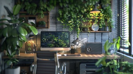 Nature-Inspired Productivity: Lush greenery meets modern design in sunlit workspaces