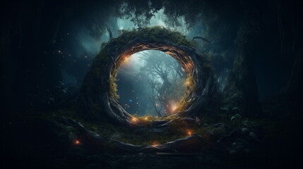 Round stone portal gate in the forest, an abandoned temple. Path made of stones in the forest,...