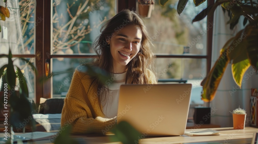 Poster Taking notes, studying online at home watching tutorials, lectures, and webinars. Woman using laptop at desk and writing in notebook.
