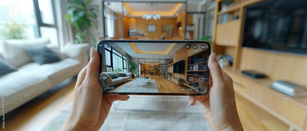 Poster UI for smart home technology on smartphone app screen with augmented reality (AR) view of connected objects inside apartment, person holding device