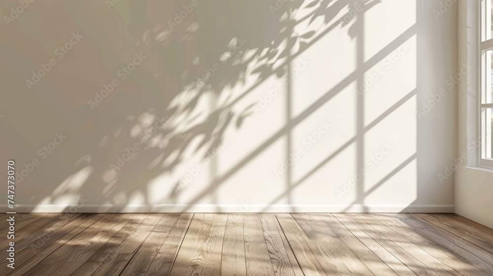 Aufkleber A mock-up of a minimal interior design with an empty room and a wood laminate floor.