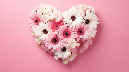 Valentines Day heart made of flowers Isolated on pink background. Concept for cards