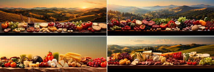 a collage of different dishes with images carved in different ways, in the style of Italian landscapes,