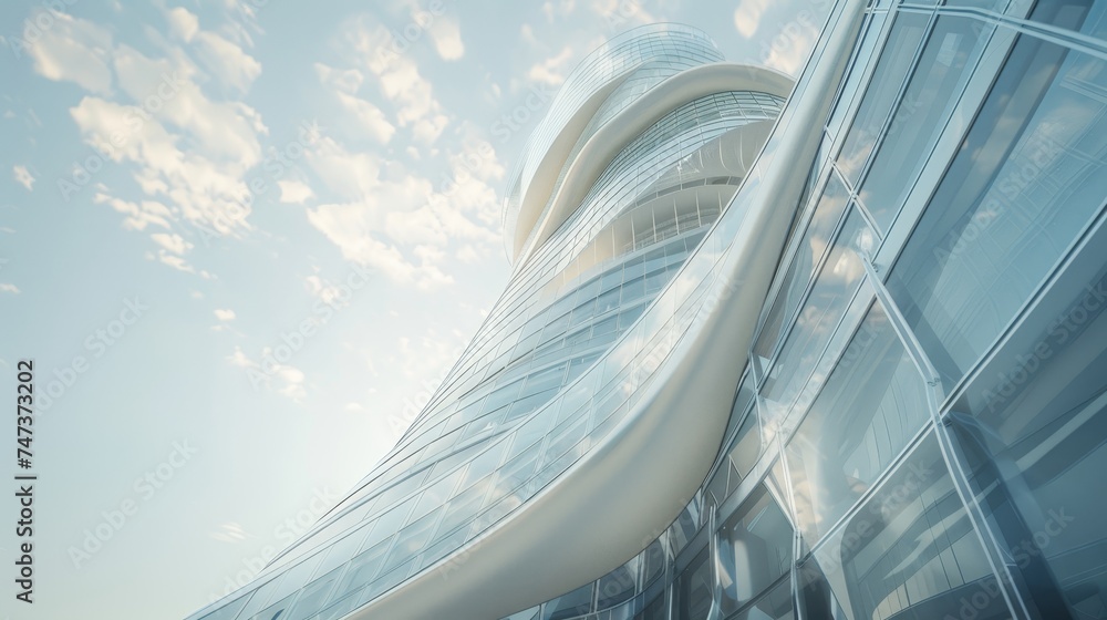 Aufkleber view of a futuristic architecture building with curved glass windows, 3d rendering...