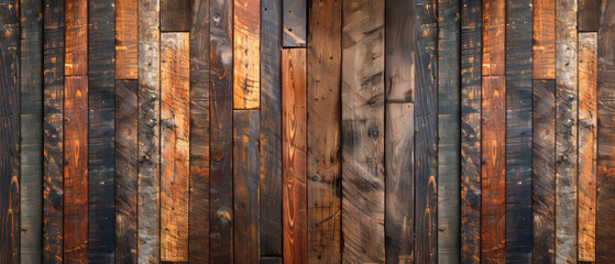Warm sunset light gently illuminates a stained wooden plank wall, emphasizing its textures and patterns