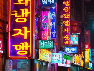 Colorful neon billboards at the Songpa Gu nightlife district in Seoul, South Korea - obrazy, fototapety, plakaty