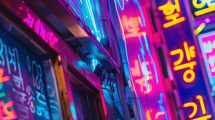 Colorful neon billboards at the Songpa Gu nightlife district in Seoul, South Korea