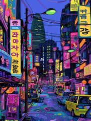 Colorful neon billboards at the Songpa Gu nightlife district in Seoul, South Korea