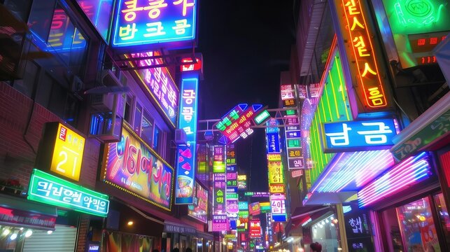Colorful neon billboards at the Songpa Gu nightlife district in Seoul, South Korea