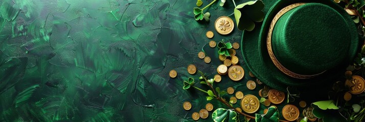 Saint Patricks day hat banner, golden coins and shamrocks on green background - obrazy, fototapety, plakaty