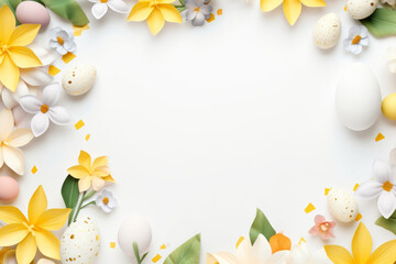 easter background with colorful eggs bunny and flowers on white background.happy Easter, spring, farm, holiday,festive scene , greeting cards, posters, .Easter holiday card concept.copy space	
