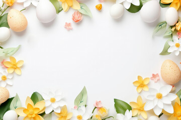 easter background with colorful eggs bunny and flowers on white background.happy Easter, spring, farm, holiday,festive scene , greeting cards, posters, .Easter holiday card concept.copy space	
