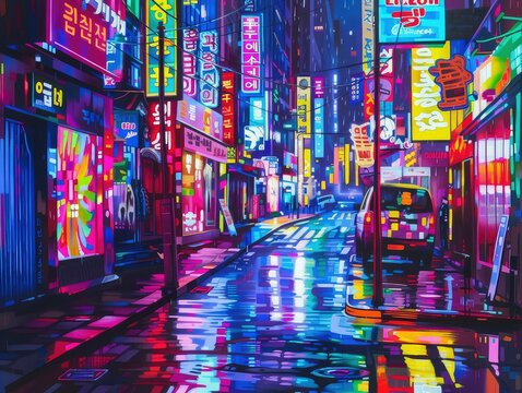 Colorful neon billboards at the Songpa Gu nightlife district in Seoul, South Korea