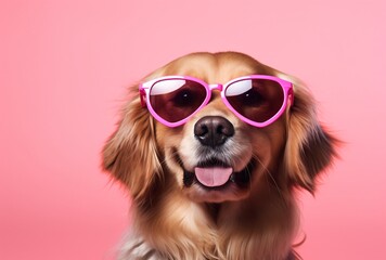 a dog in pink heart shaped glasses on pink background