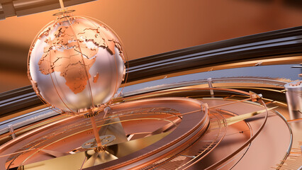 3d rendering of a computer-generated image of a spinning globe inside a circle. Abstract compass loop. Seamless. 4K.