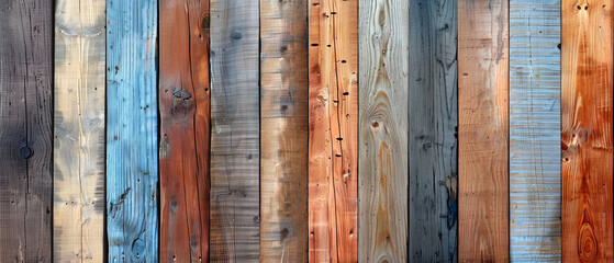 A vibrant variety of colors on weathered wooden planks provides a unique background or texture